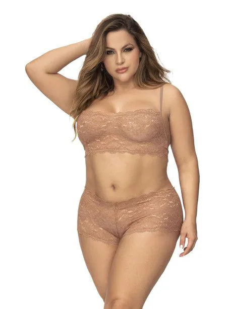 Ensemble lingerie taupe top bustier et shorty 1X2X